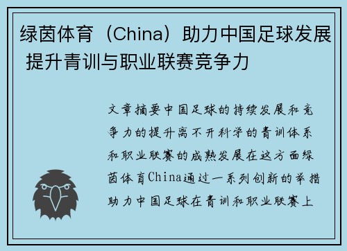 绿茵体育（China）助力中国足球发展 提升青训与职业联赛竞争力